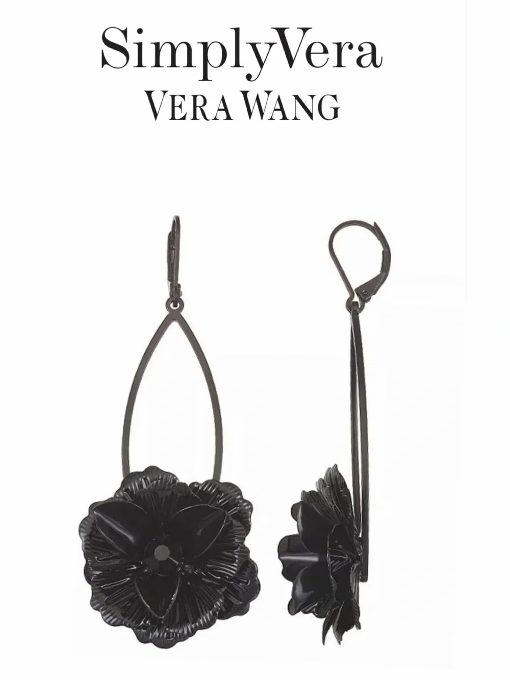 VERA WANG Black Flower/Black Crystal Elongated Drop Earrings